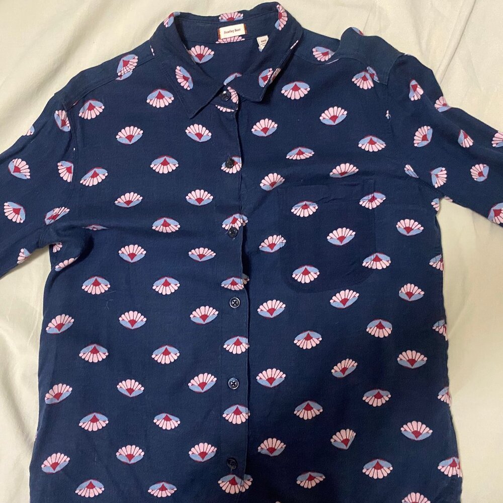 Aritzia Sunday Best - Navy Blue Button-Down with Floral Pattern - Size XXS